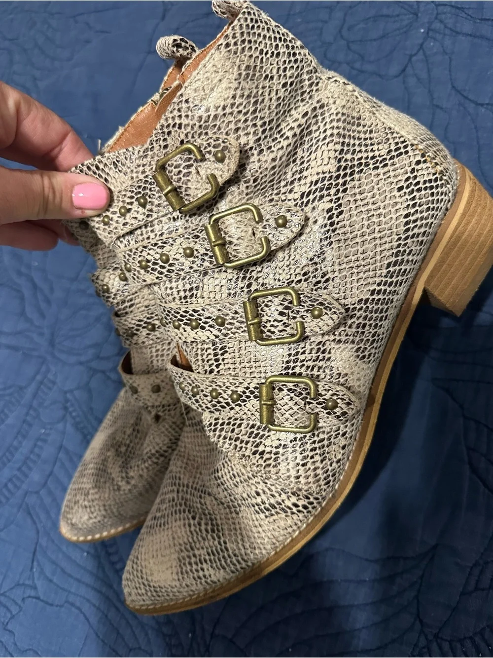 BEAST FASHION Snake-Print Buckle Ankle Boots in Beige size 11